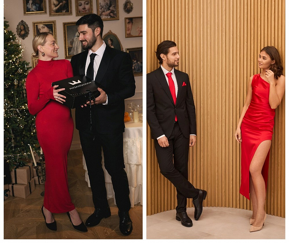 Черный костюм и красное платье