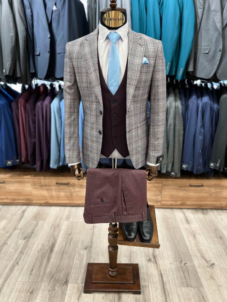 Костюм MAZALTOVMAN 3-ка Premium Бордовый в клетку комбинированный