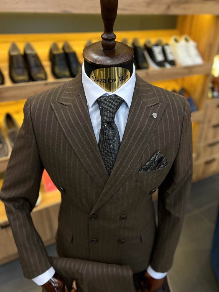 Костюм ERN 2-ка Коричневый в полоску двубортный